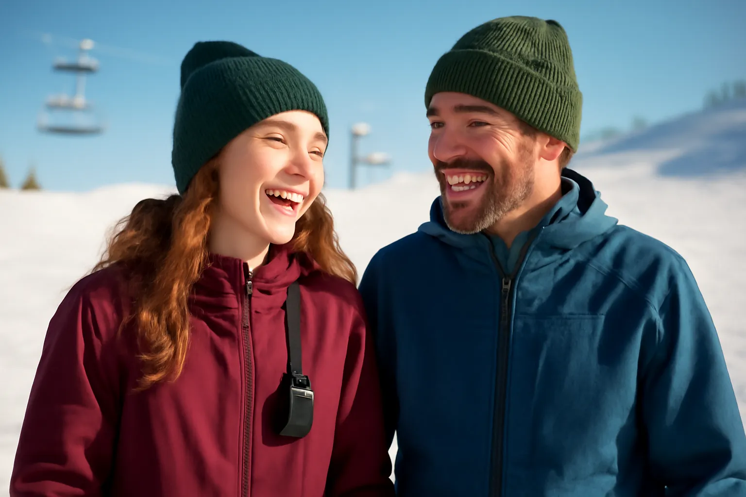 A teenage girl laughing beside her father on a sunny ski hill, a small radio clipped to her backpack strap