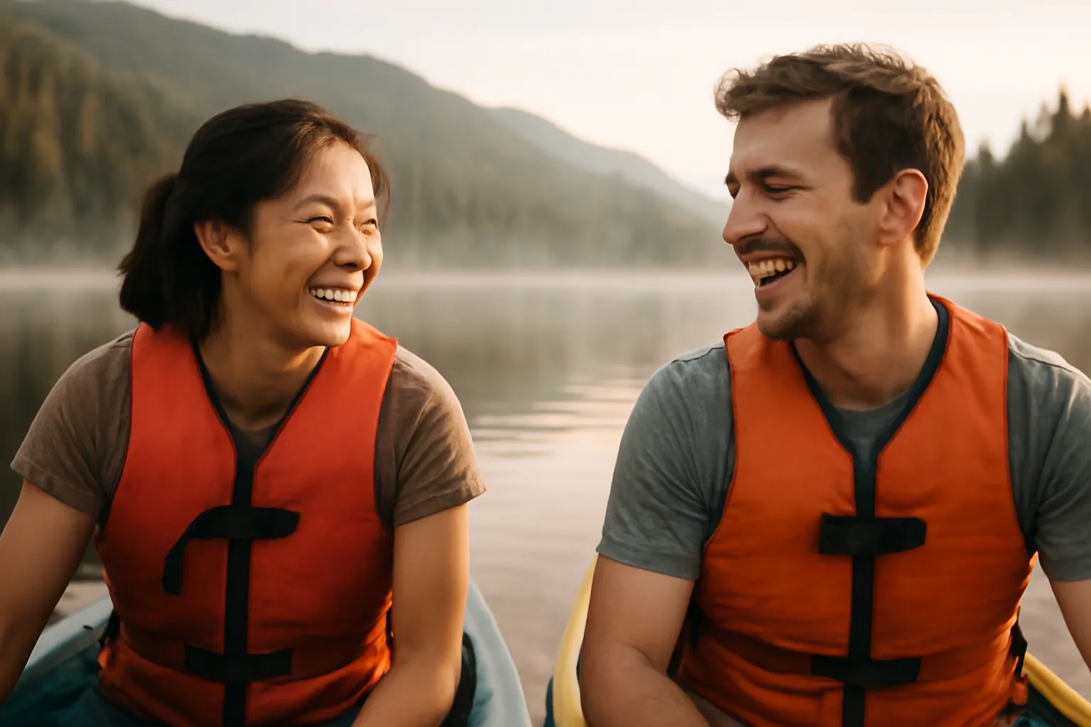 Two friends in orange life vests laughing at each other from their kayaks on a misty mountain lake in morning light