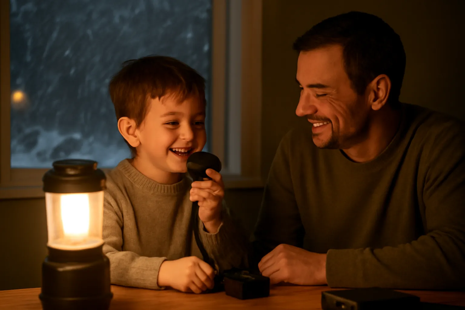 A father and young son at a kitchen table during a winter storm outage, the boy grinning with a hand microphone in a lantern's light