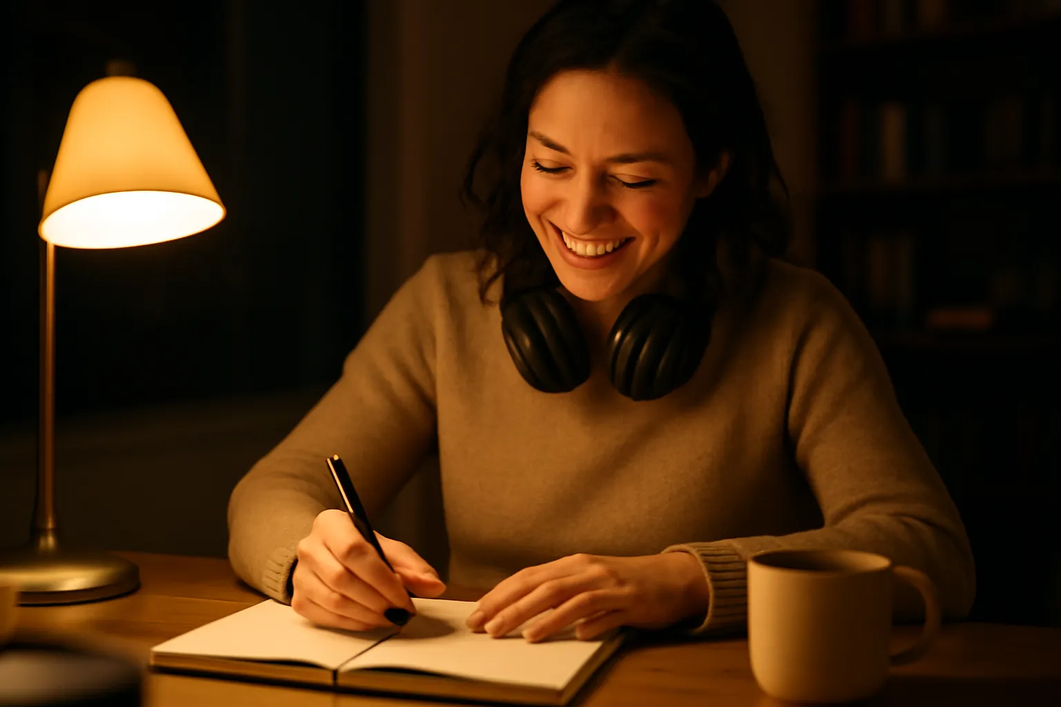 A woman smiling at a desk at night, headphones around her neck, a notebook of contacts open in front of her under a warm lamp