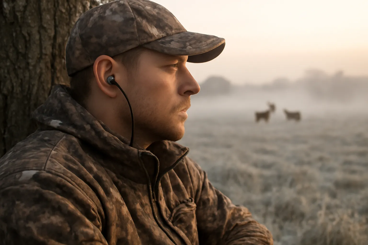 A hunter in camouflage sitting against a tree at a frosty dawn, an earpiece cord running up into one ear, deer in the misty field beyond