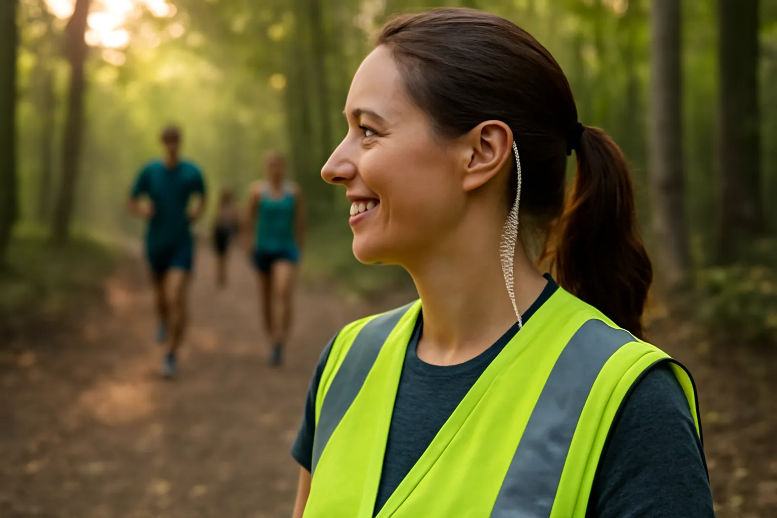 A smiling trail race volunteer in a reflective vest with a clear coiled earpiece tube at her ear, runners passing in the woods behind her