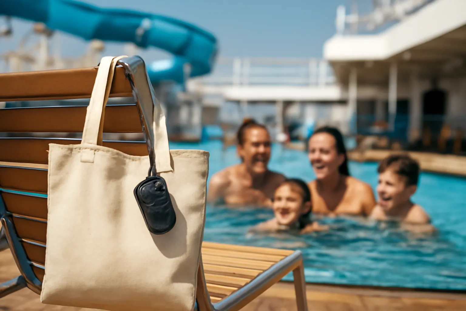 A small walkie-talkie clipped to a canvas tote bag on a lounge chair, a family of four laughing in the cruise ship pool behind it