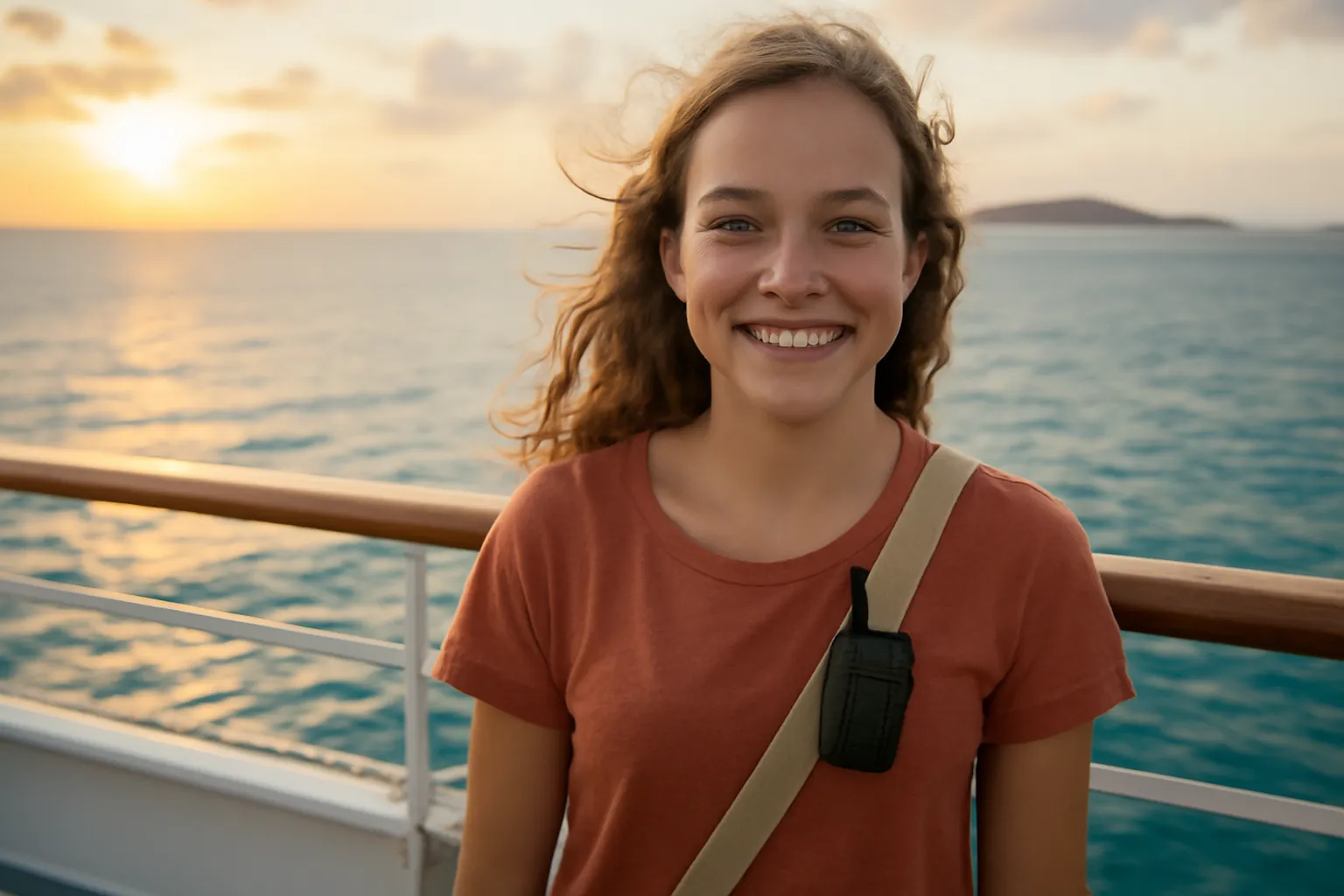A smiling teenage girl on a cruise ship's top deck at sunset, a small walkie-talkie clipped to her bag strap, open ocean behind her