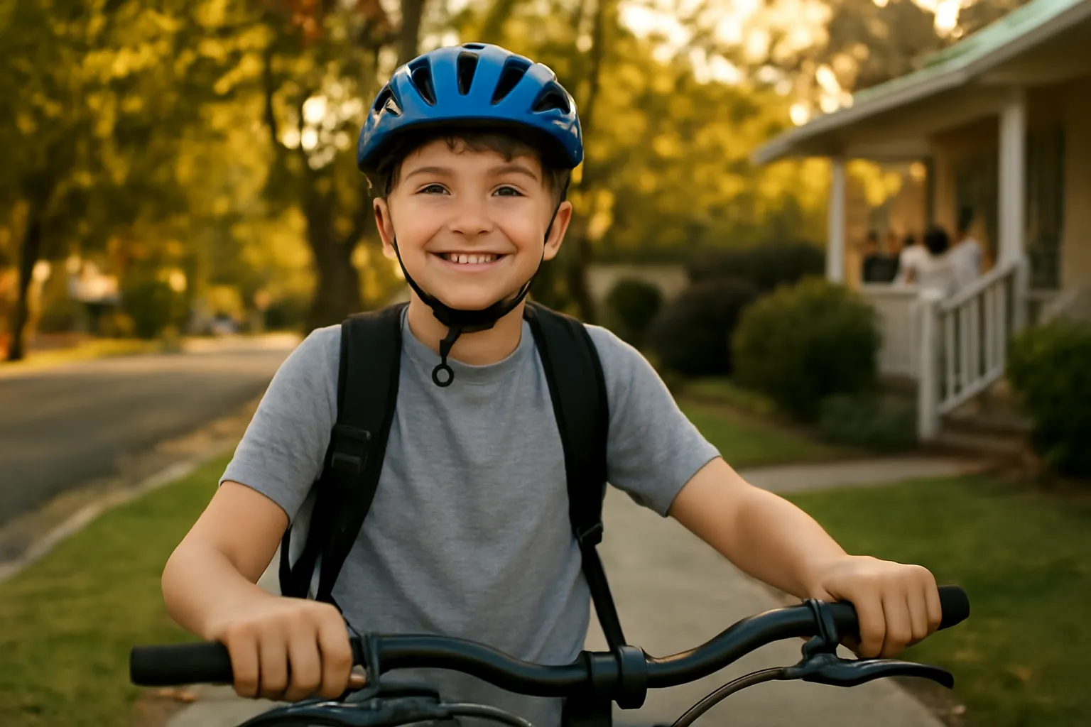 A smiling boy in a bike helmet standing with his bike on a suburban sidewalk, a small radio clipped to his backpack strap, his mother waving from a porch far behind