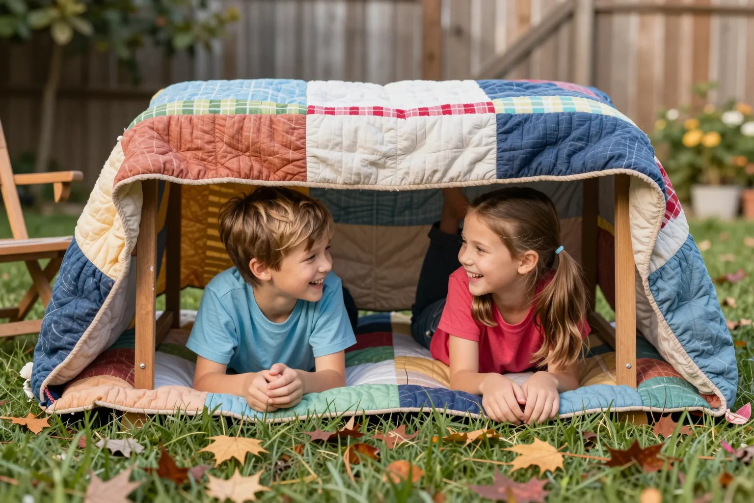 A young boy and girl laughing as they lie on their stomachs under a patchwork-quilt fort in a backyard scattered with autumn leaves