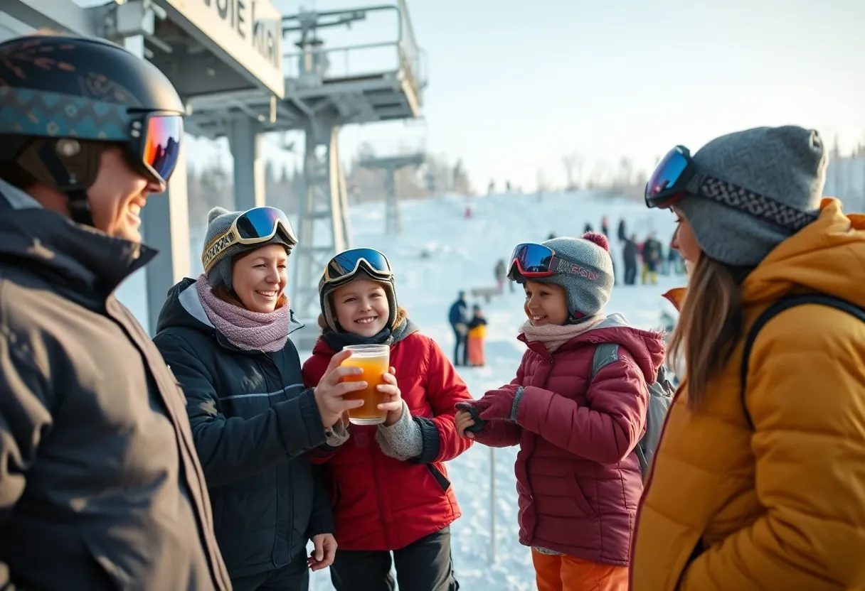 A family in ski gear gathered beside a snowy chairlift base area after a run