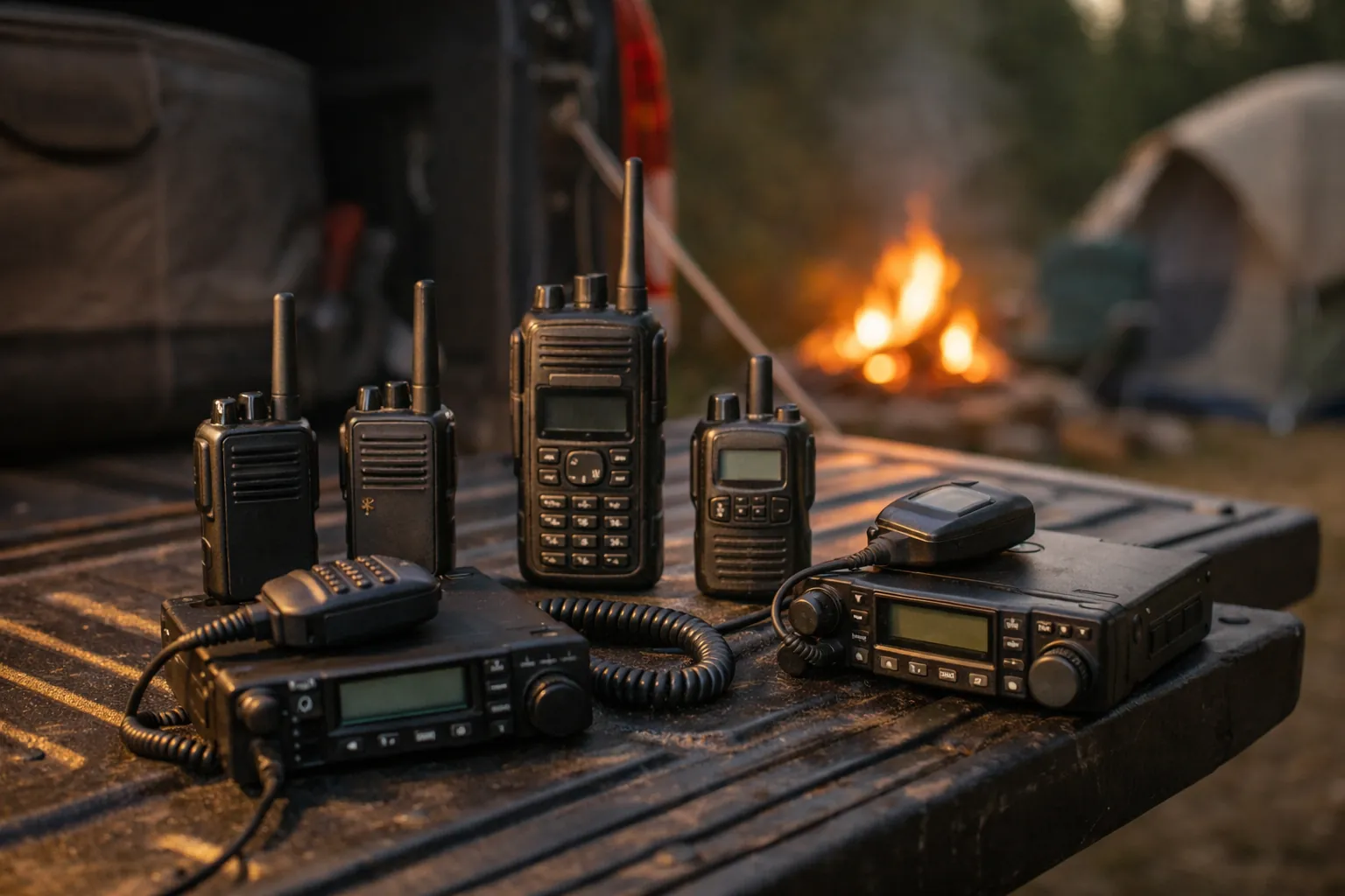 Several GMRS handheld and mobile radios of different styles arranged on a tailgate