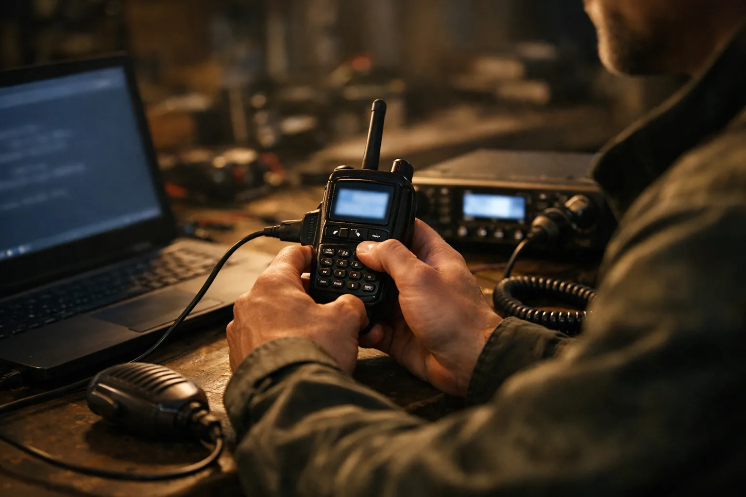Someone programming a radio with a laptop and cable