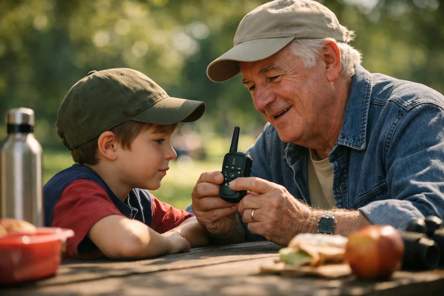 A grandparent showing a child a simple walkie-talkie