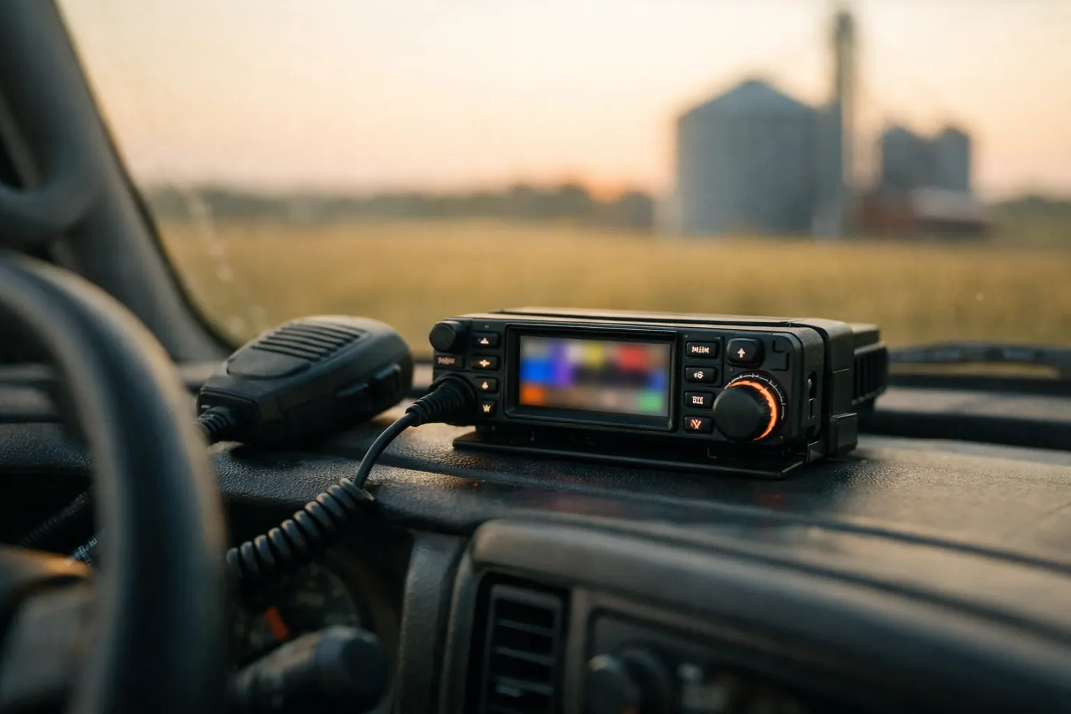 A compact mobile radio with a color display on a farm truck dash