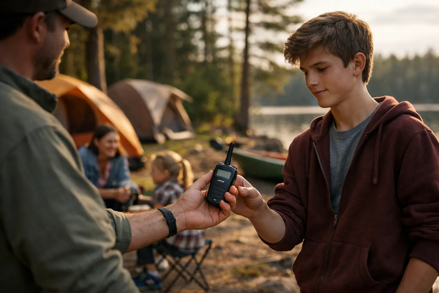 A parent handing a teenager a handheld radio at a lakeside campsite