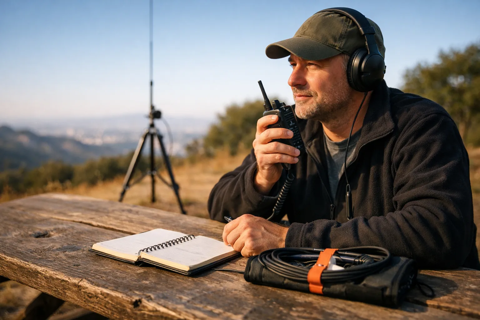 A ham operator with a handheld radio and log book at a hilltop picnic table