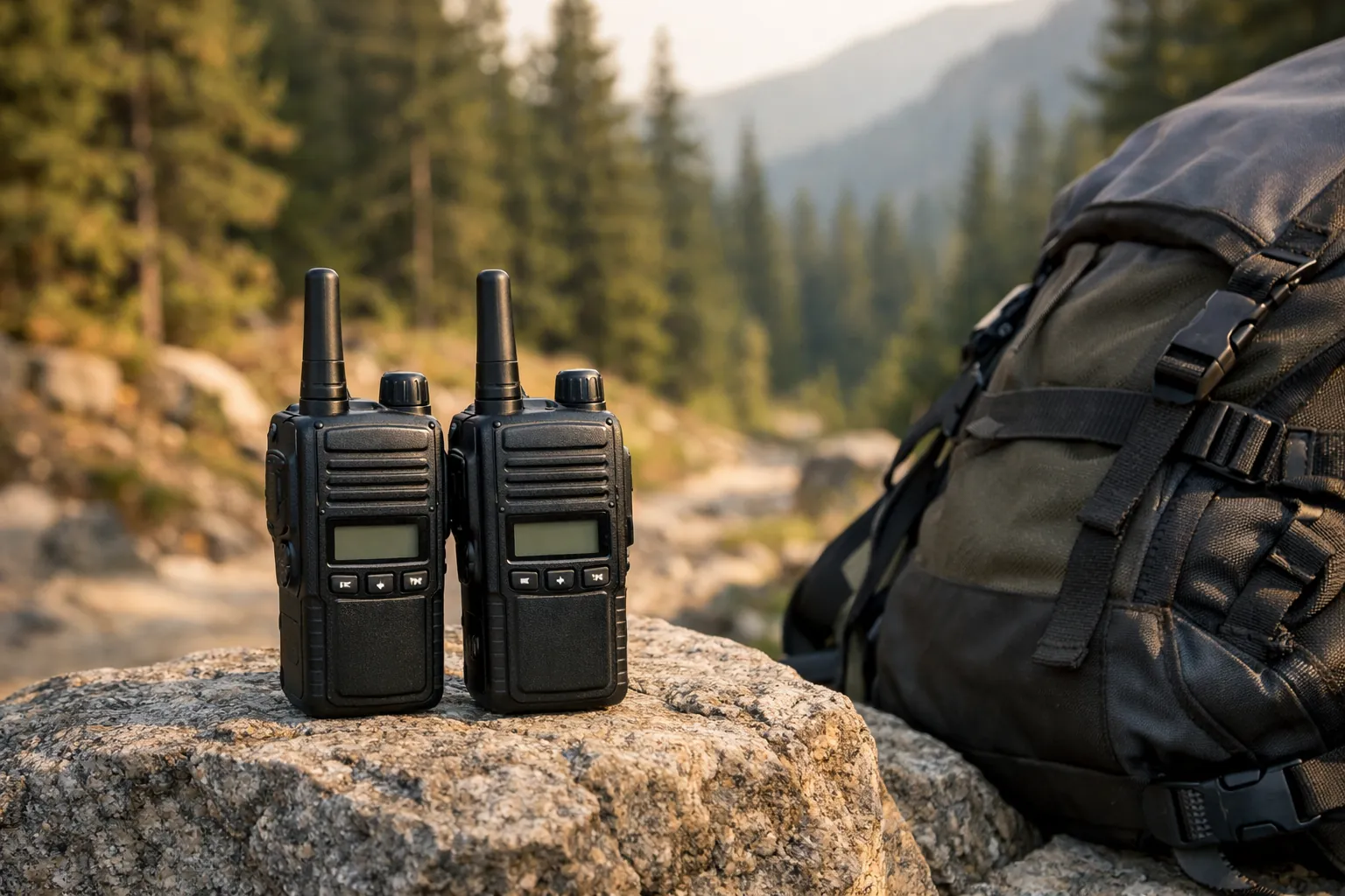 Two rugged black handheld radios standing on a rock beside a backpack on a mountain trail