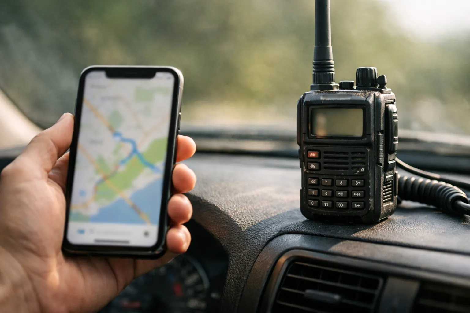 A phone with a map app beside a handheld radio on a car dashboard