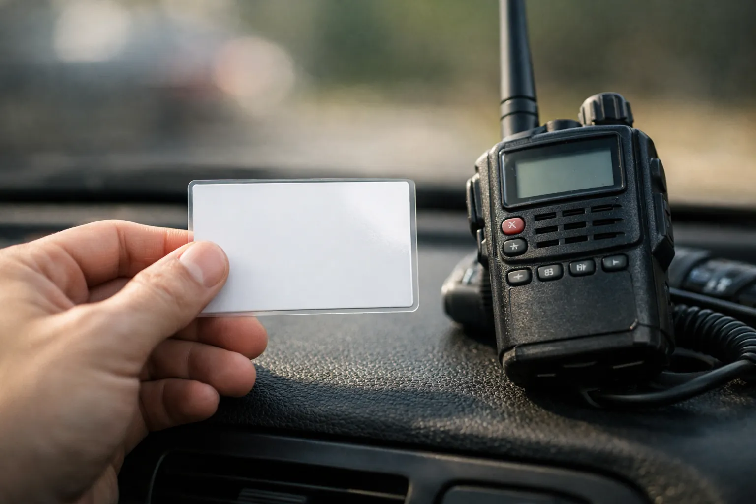 A blank laminated card held next to a handheld radio on a dashboard