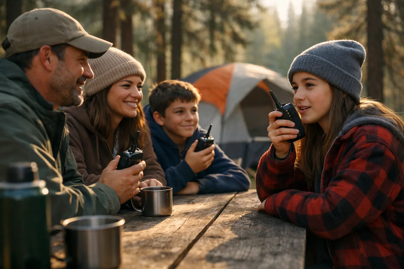 A family at a campsite table, each with a handheld radio