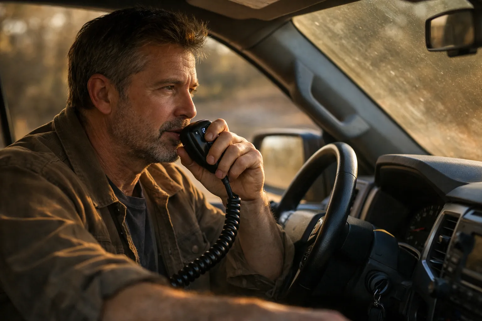 A man in a pickup truck cab speaking into a handheld two-way radio microphone