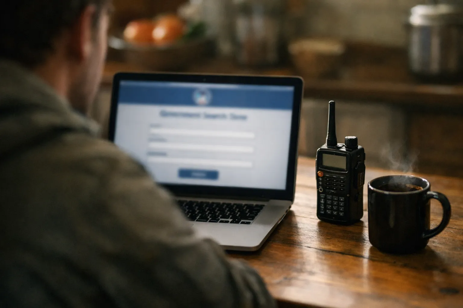 A person at a kitchen table searching on a laptop, with a handheld radio beside it