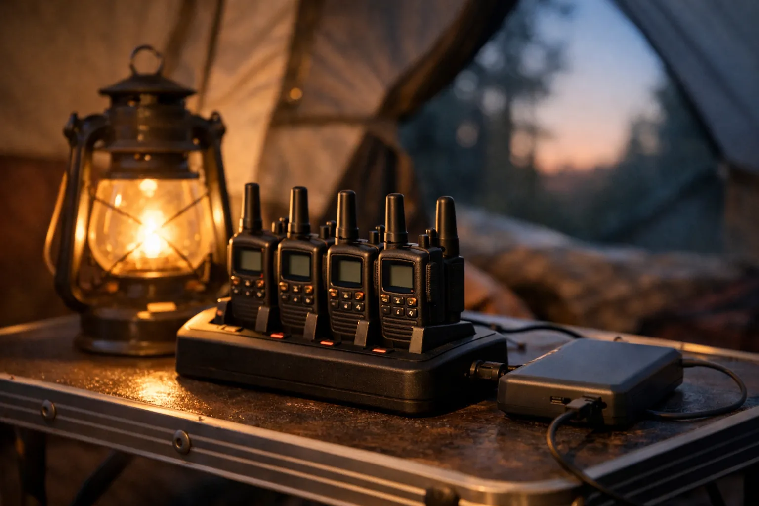 Walkie-talkies charging in a dock on a camping table