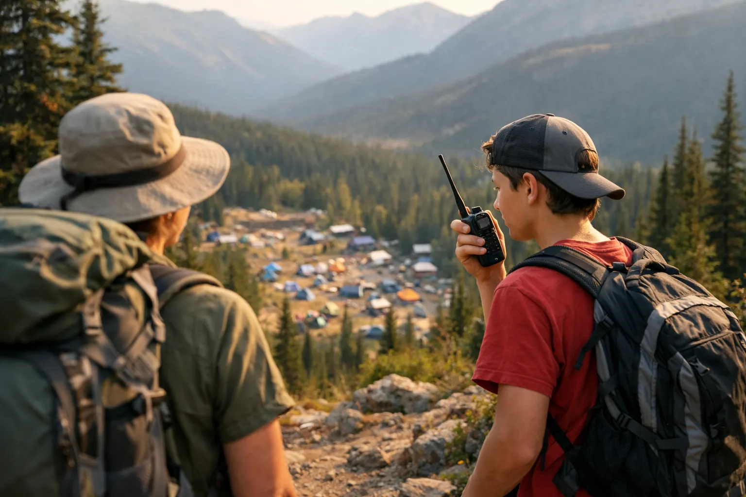 A parent and teen on a trail above a campground using a radio