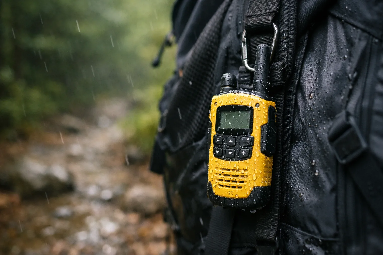 A yellow walkie-talkie on a backpack strap in the rain