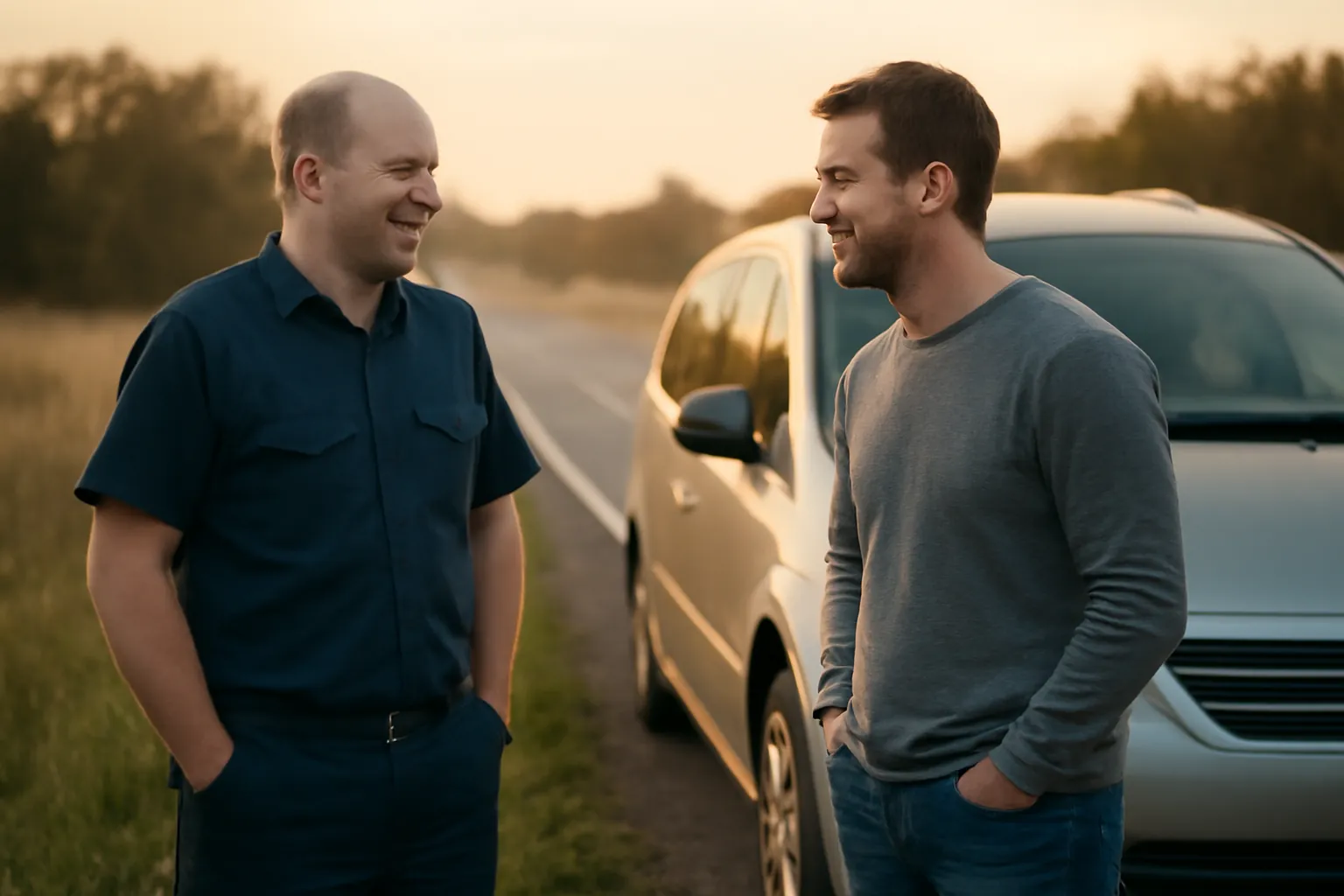 A man in a navy work shirt chatting with another man beside a stopped minivan on a rural road at sunset