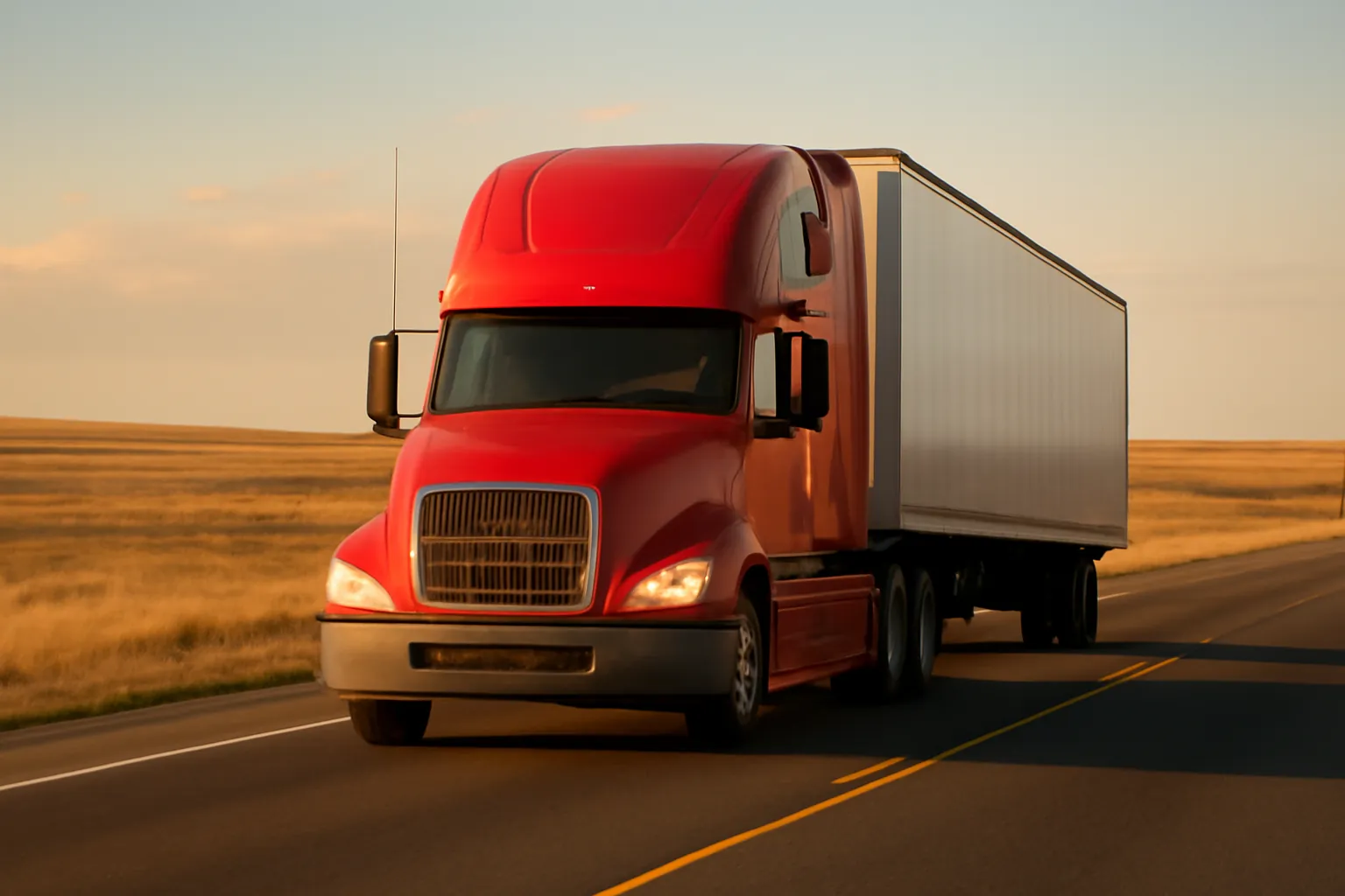 A red semi truck with a thin whip antenna driving down an empty two-lane prairie highway in late-afternoon sun
