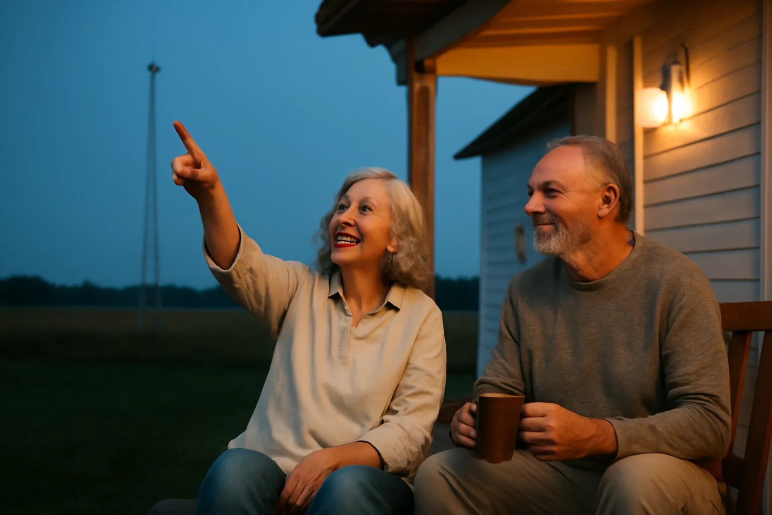 A retired couple on a farmhouse porch at dusk, the woman laughing and pointing toward a tall antenna mast beyond the yard