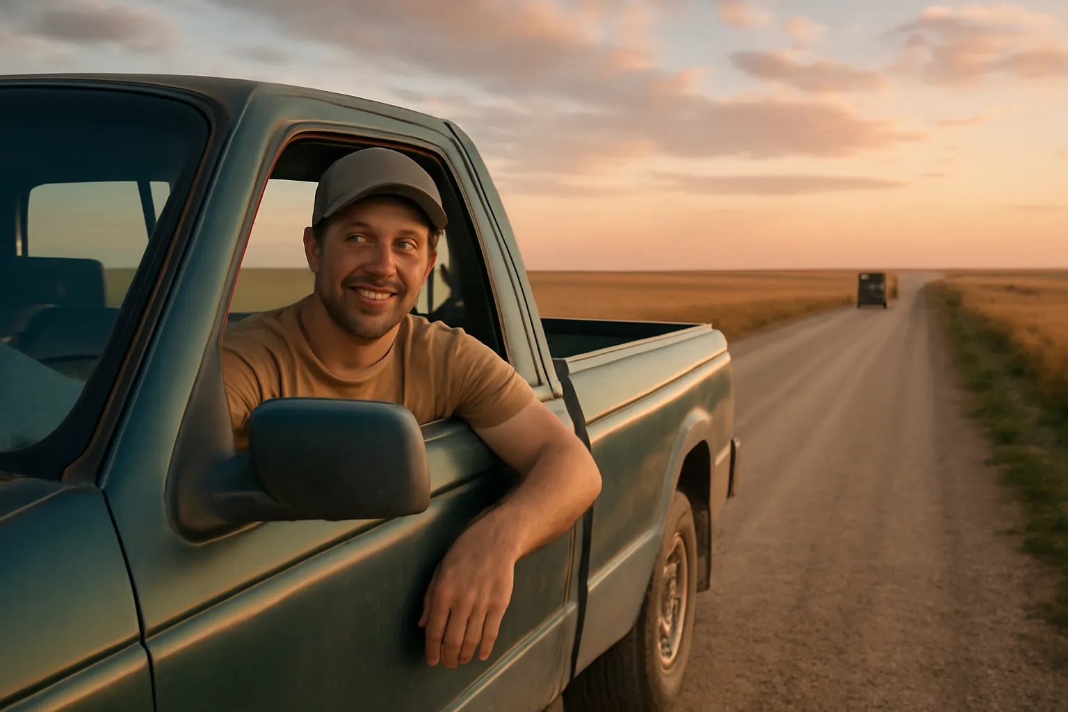 A smiling man in a cap leaning his arm out of a pickup window on a gravel prairie road at sunset, a second truck far down the road