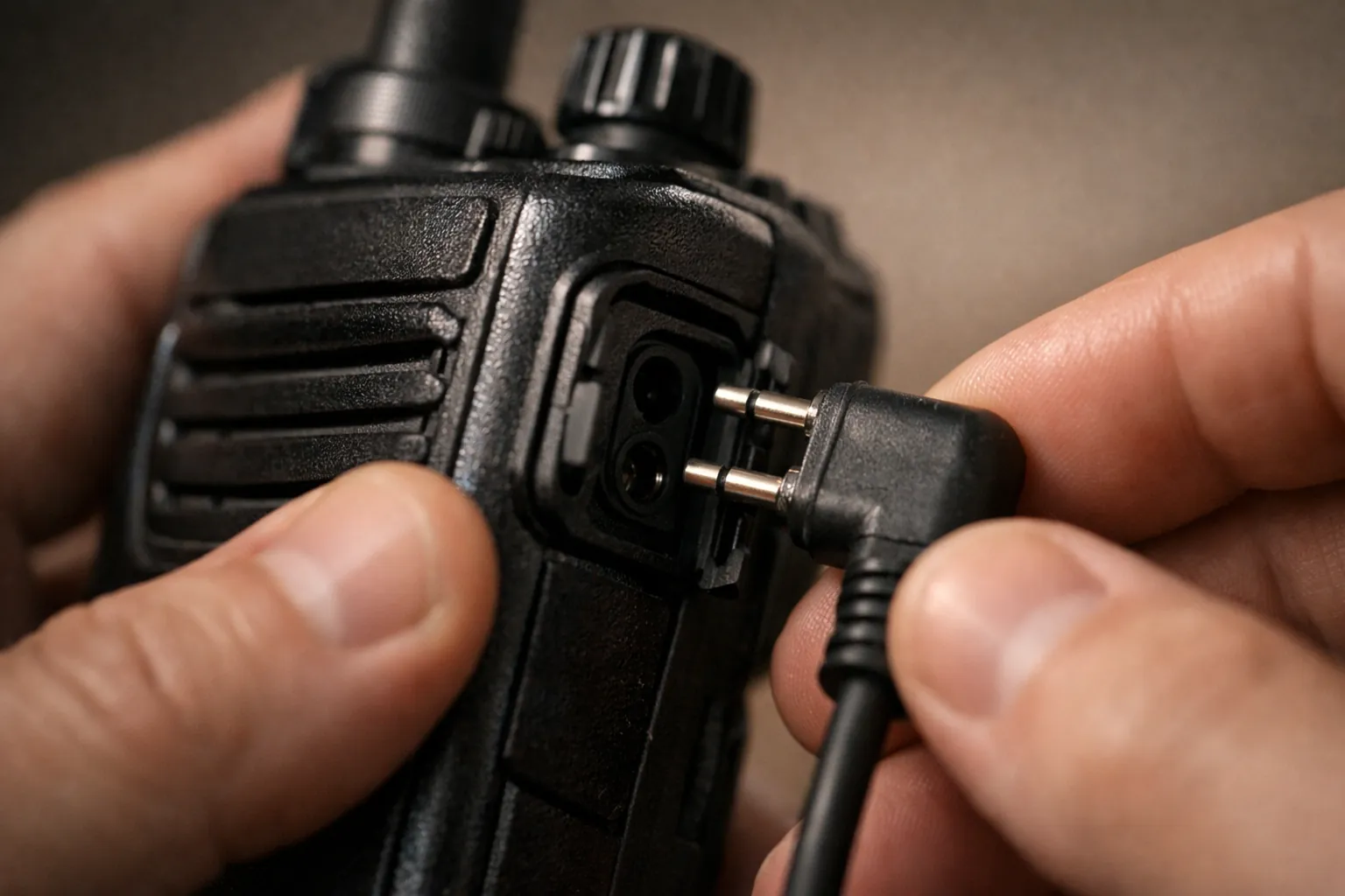 A programming cable plug going into a handheld radio's side jack