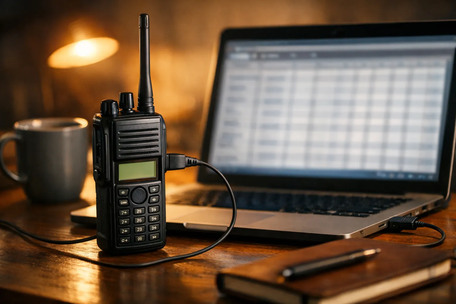 A handheld radio connected by a programming cable to a laptop on a wooden desk