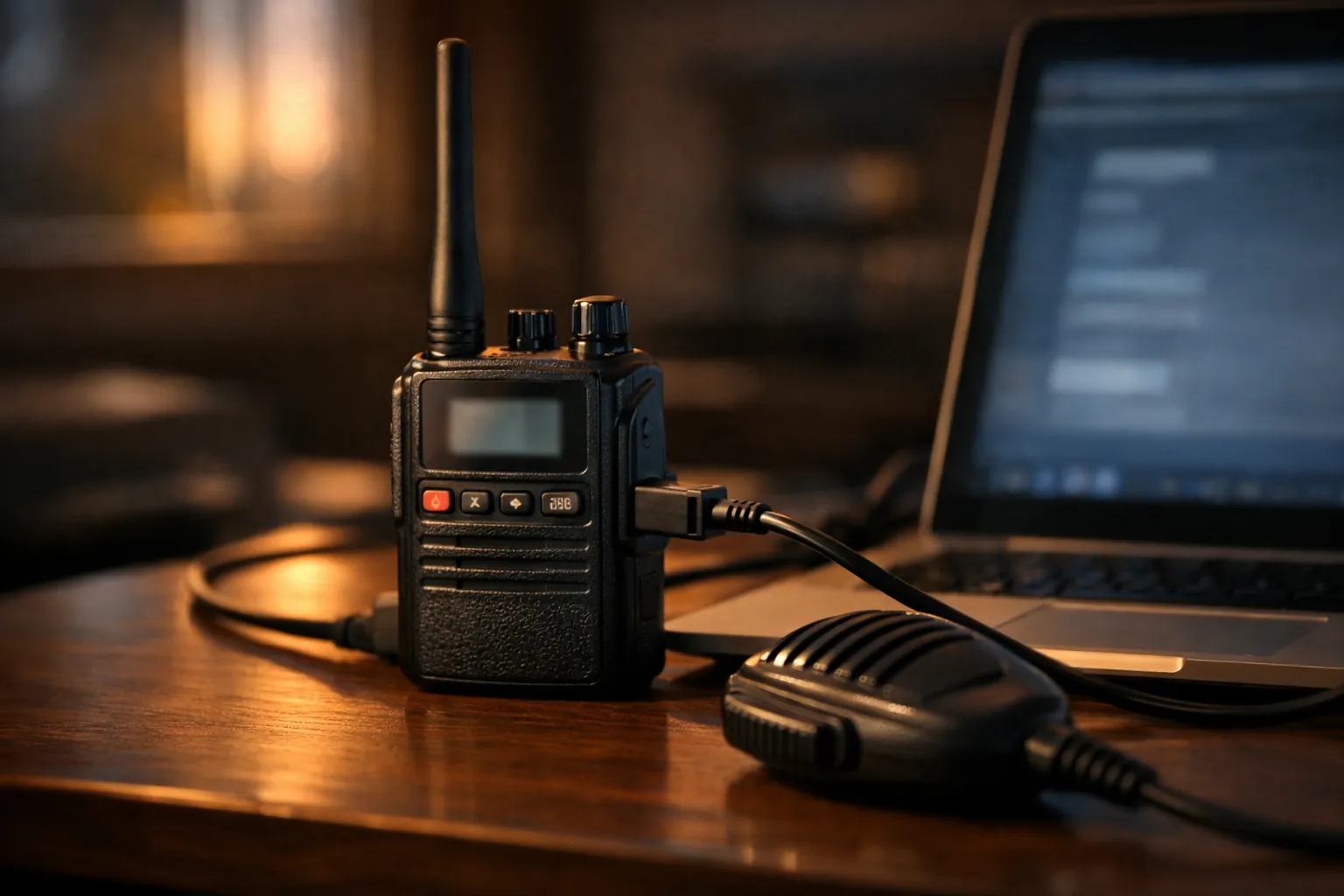 A mobile radio on a desk connected to a laptop with a programming cable