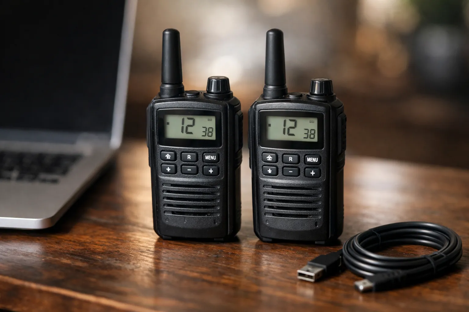 Two identical handheld radios beside a laptop, ready to be cloned