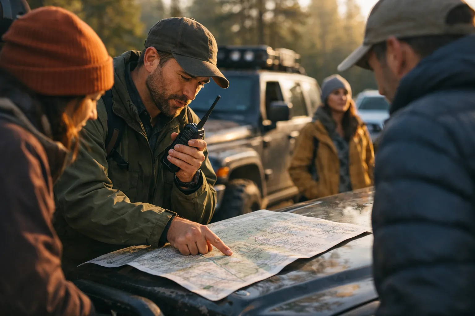 A group at a trailhead with a handheld radio and a map on a vehicle hood