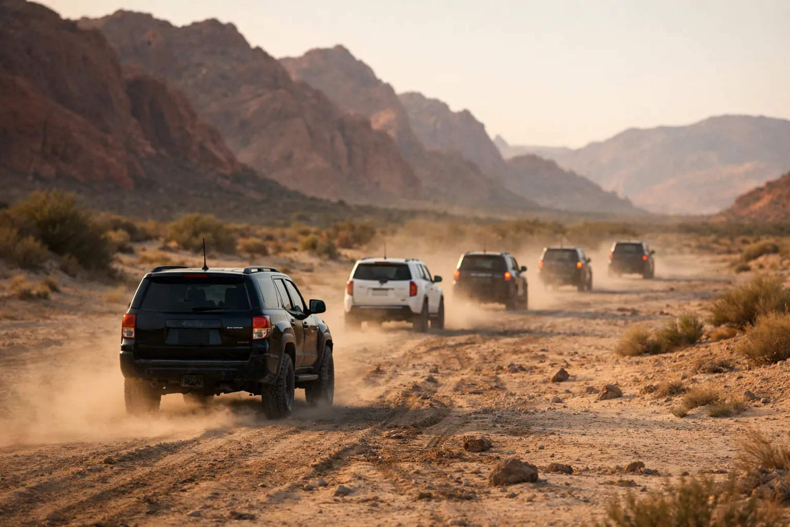 A line of off-road vehicles crossing a wide desert wash with mountains behind