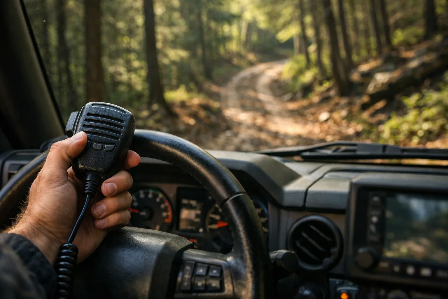 A lead driver on a forest trail holding a radio mic