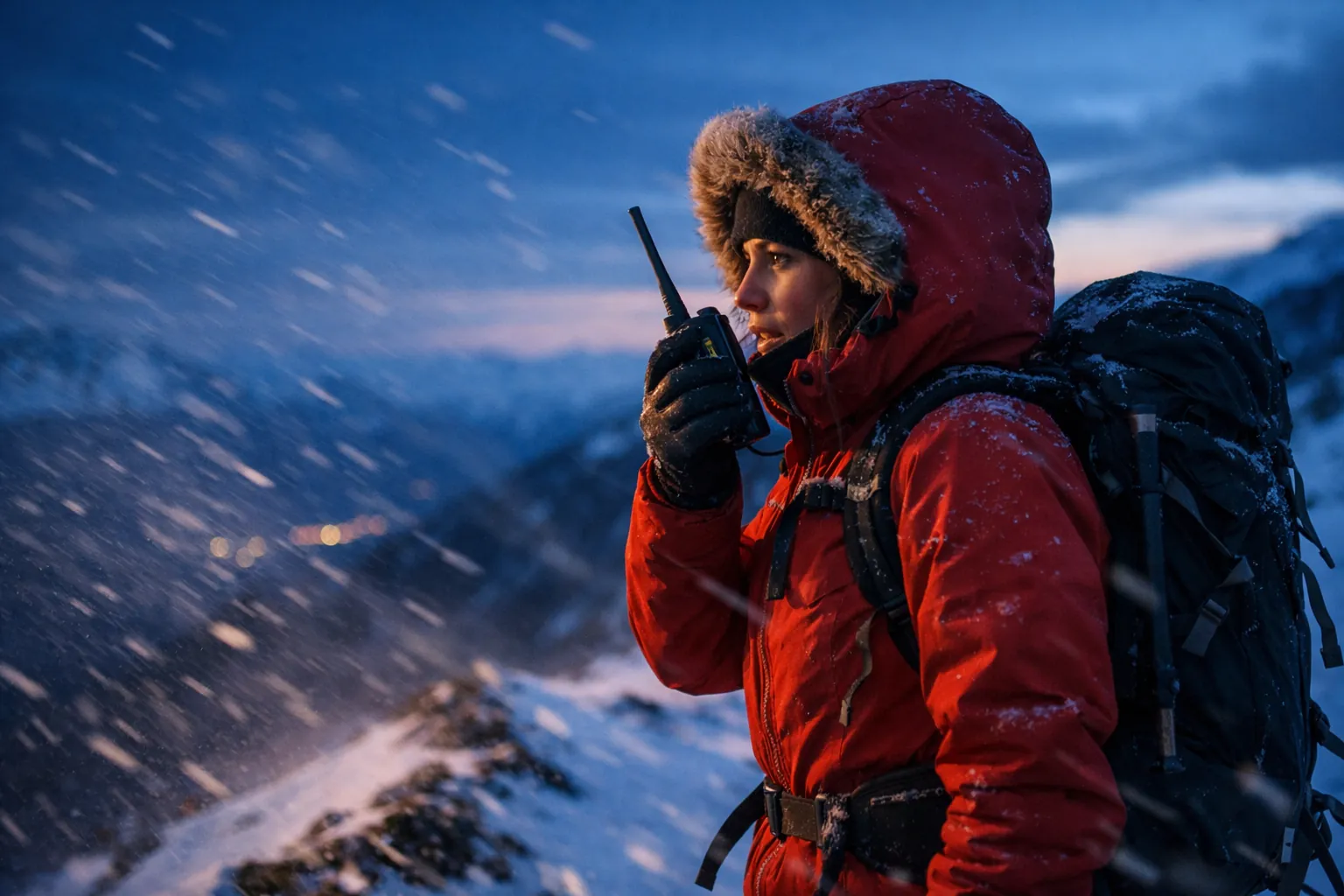 A hiker on a snowy ridge at dusk holding a handheld two-way radio to her mouth