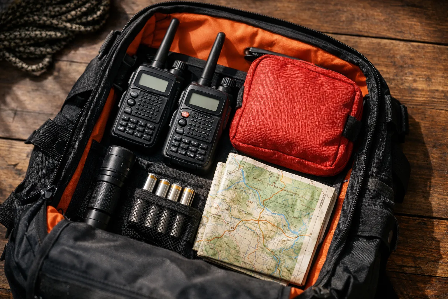 An open go-bag with two handheld radios, batteries, a flashlight and a map