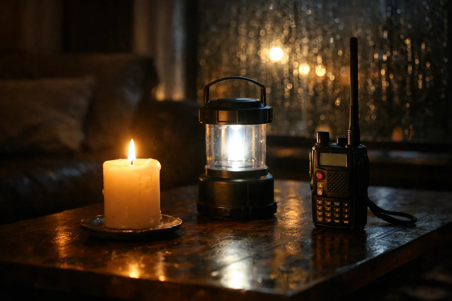 A handheld radio beside a lantern in a dark living room during a power outage