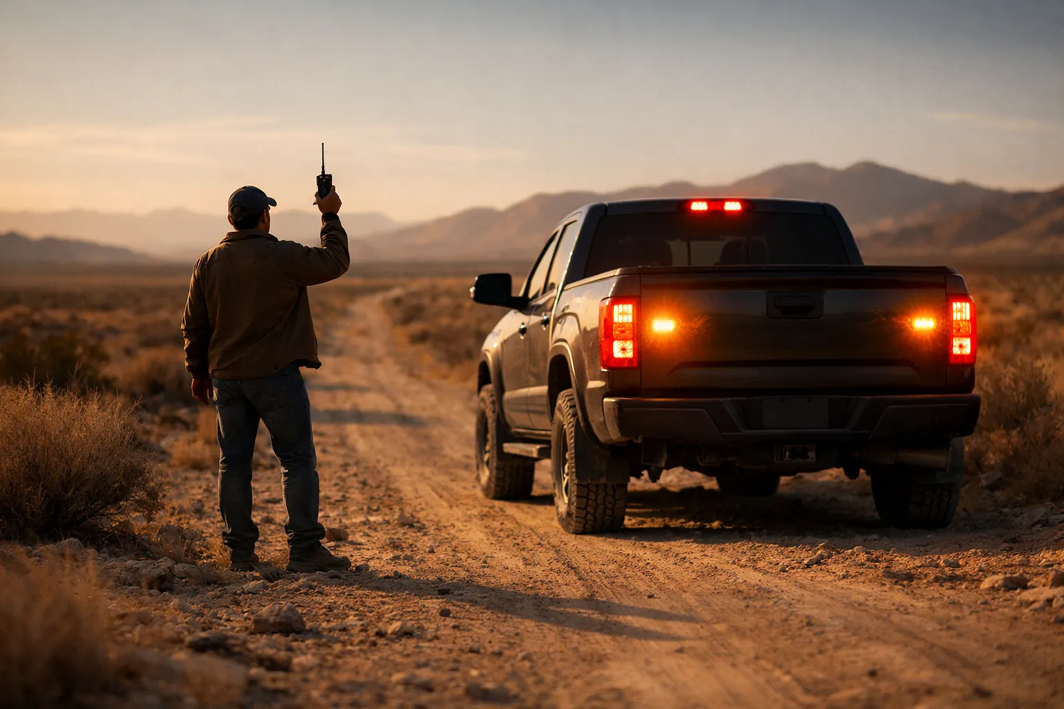 A driver beside a stopped pickup on a remote desert road holding a radio up