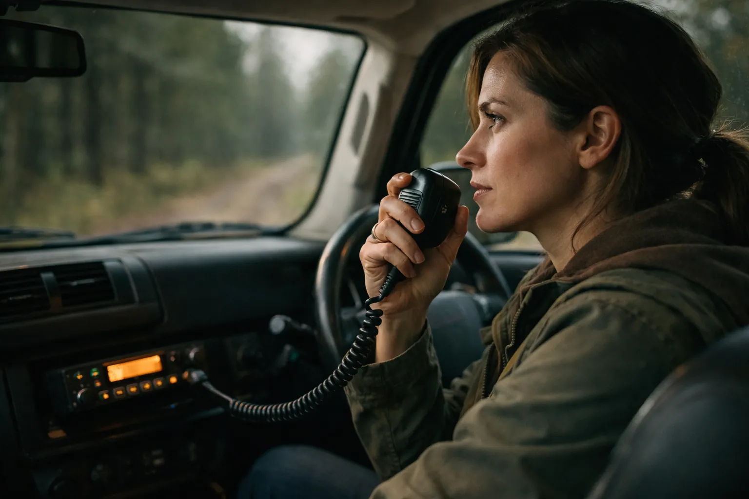A woman in a parked SUV holding a mobile radio microphone and listening