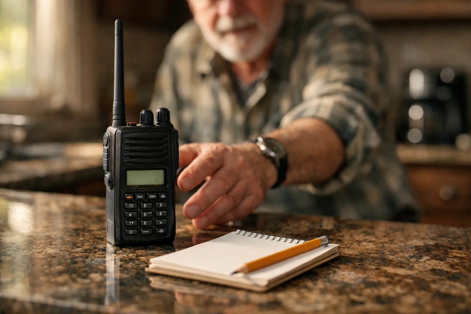 A handheld radio on a kitchen counter beside a notepad