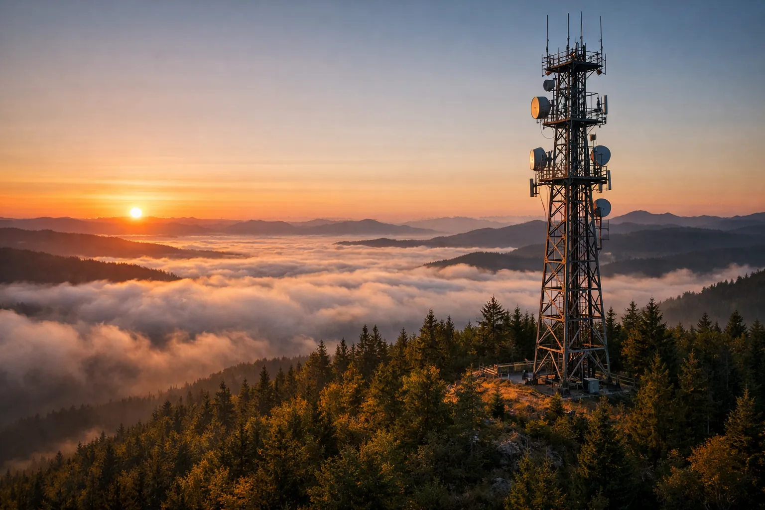 A radio tower on a forested hilltop at sunrise