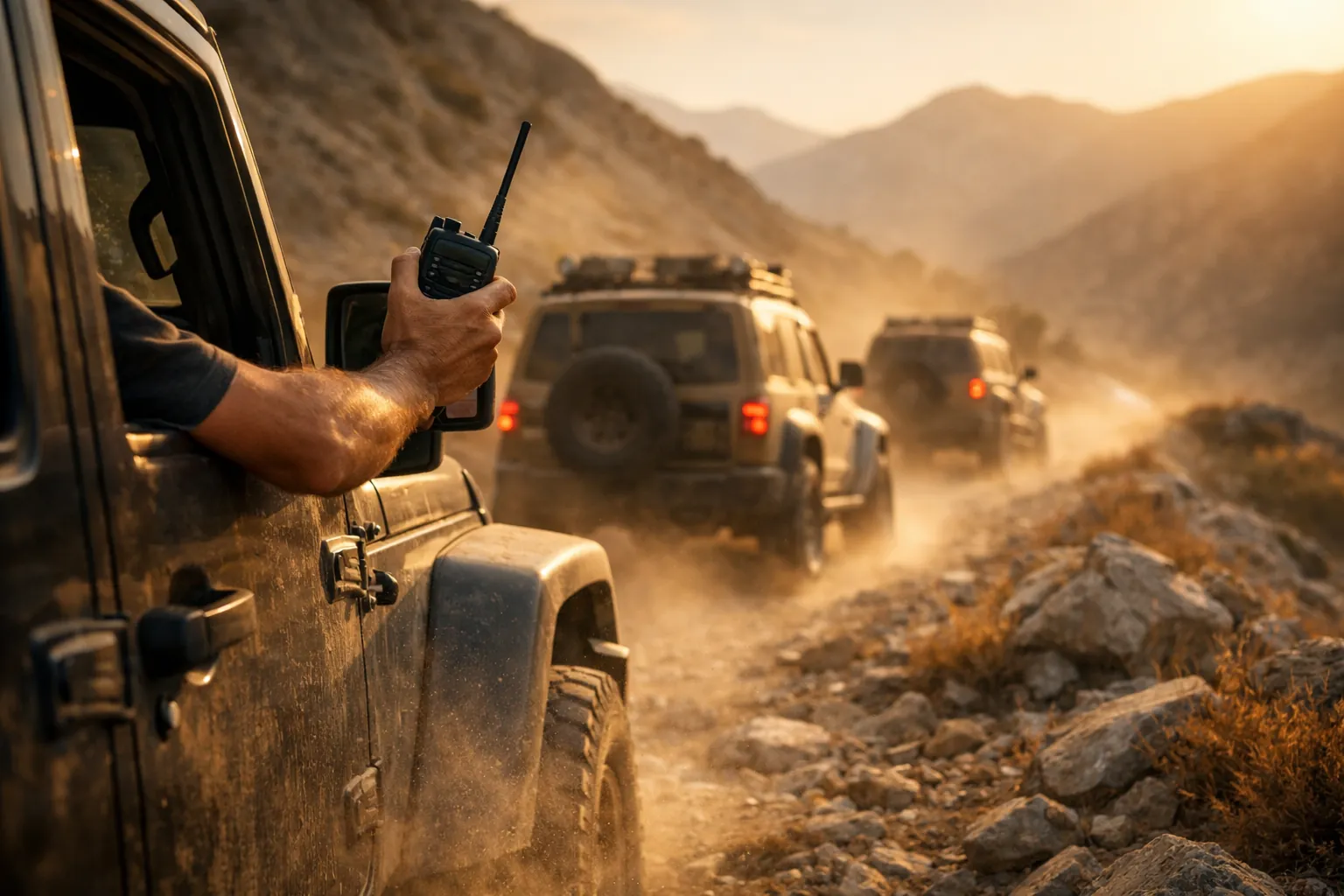 A convoy of off-road vehicles on a rocky trail at sunset