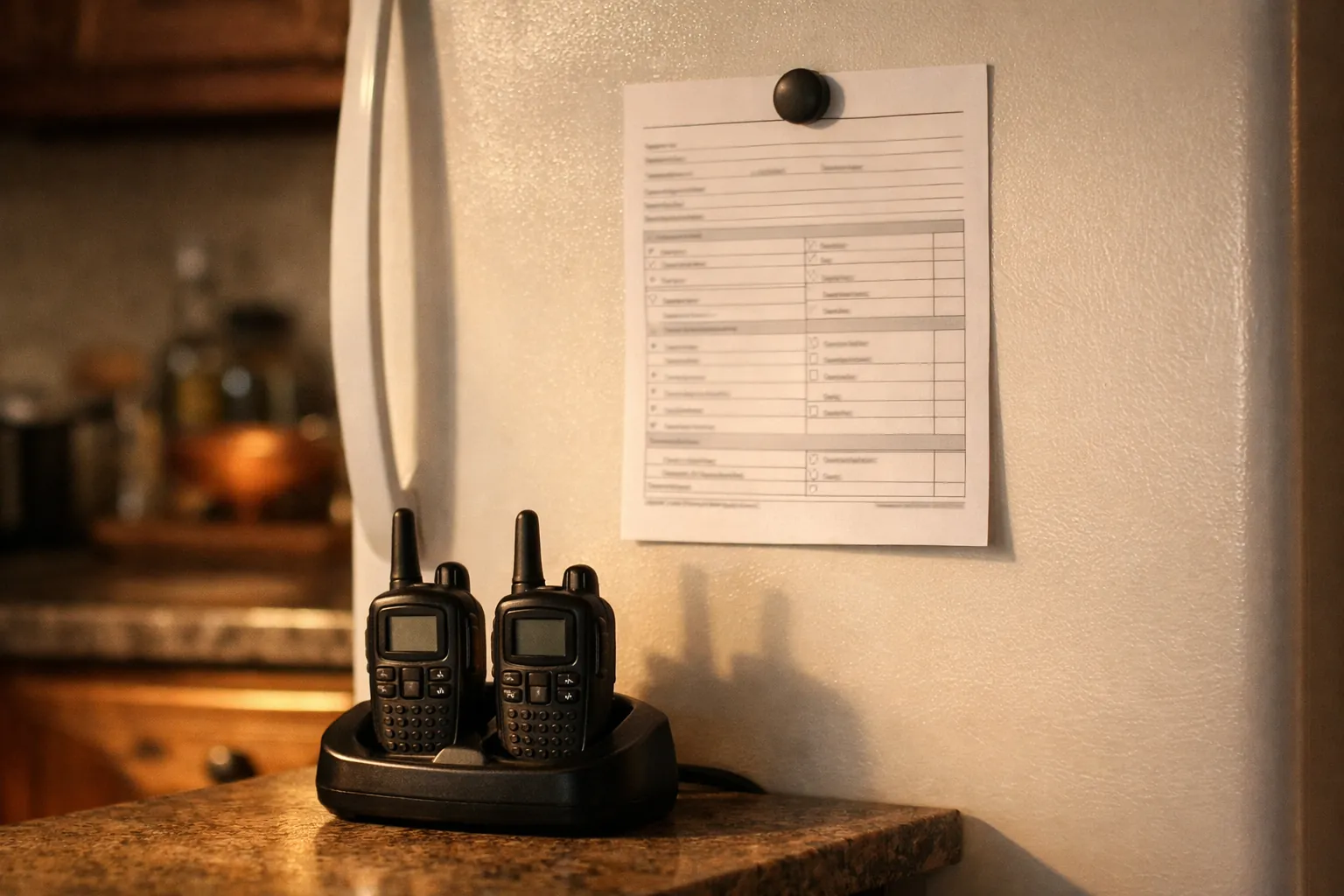 A printed fill-in plan held by a magnet on a refrigerator next to a charging handheld radio