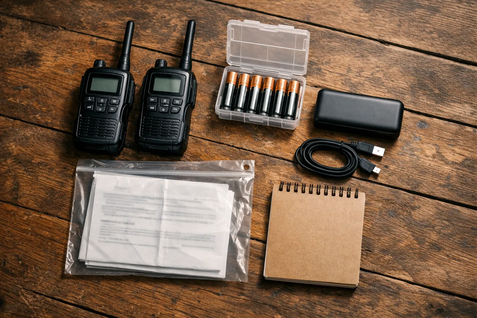An emergency radio kit laid out with two radios, batteries, a power bank and a folded plan