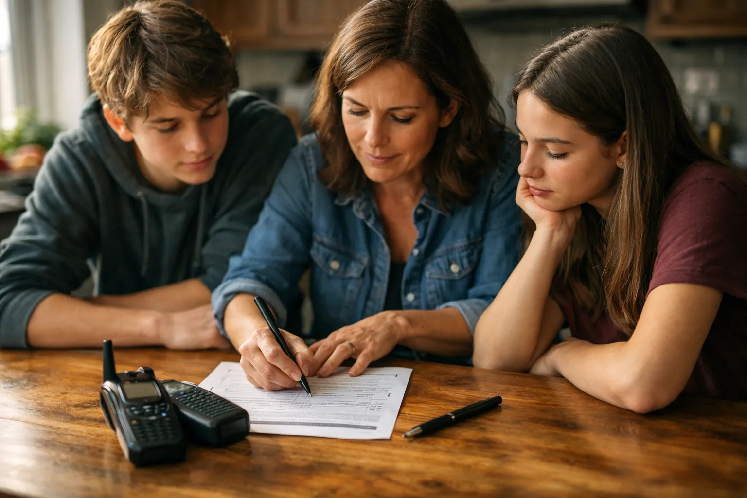 A parent and two teenagers filling in a form at a kitchen table with radios beside them