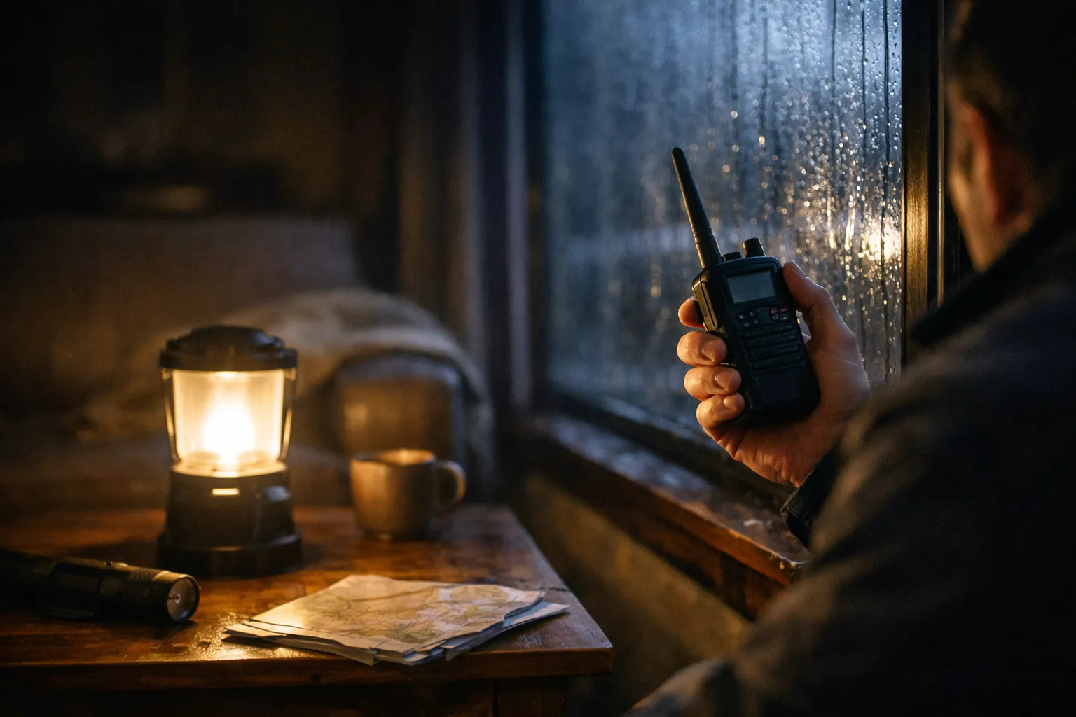 A person holding a handheld radio near a rainy window during a power outage