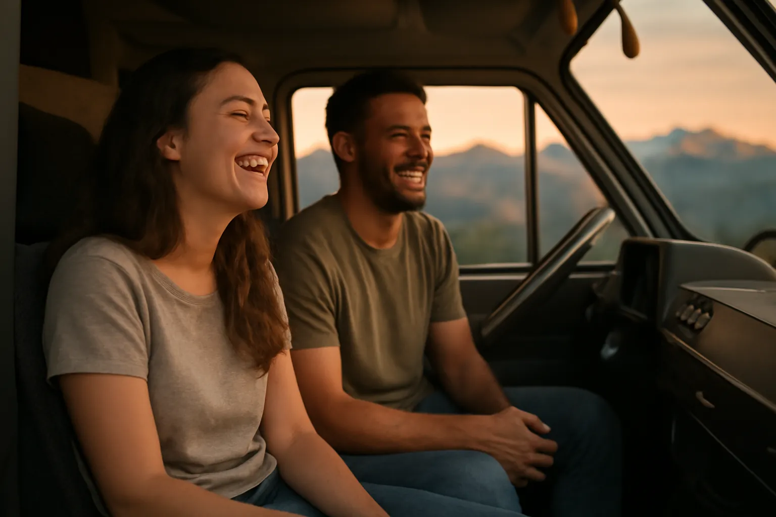 A young couple laughing in the front seats of a camper van, mountains at sunset through the windows